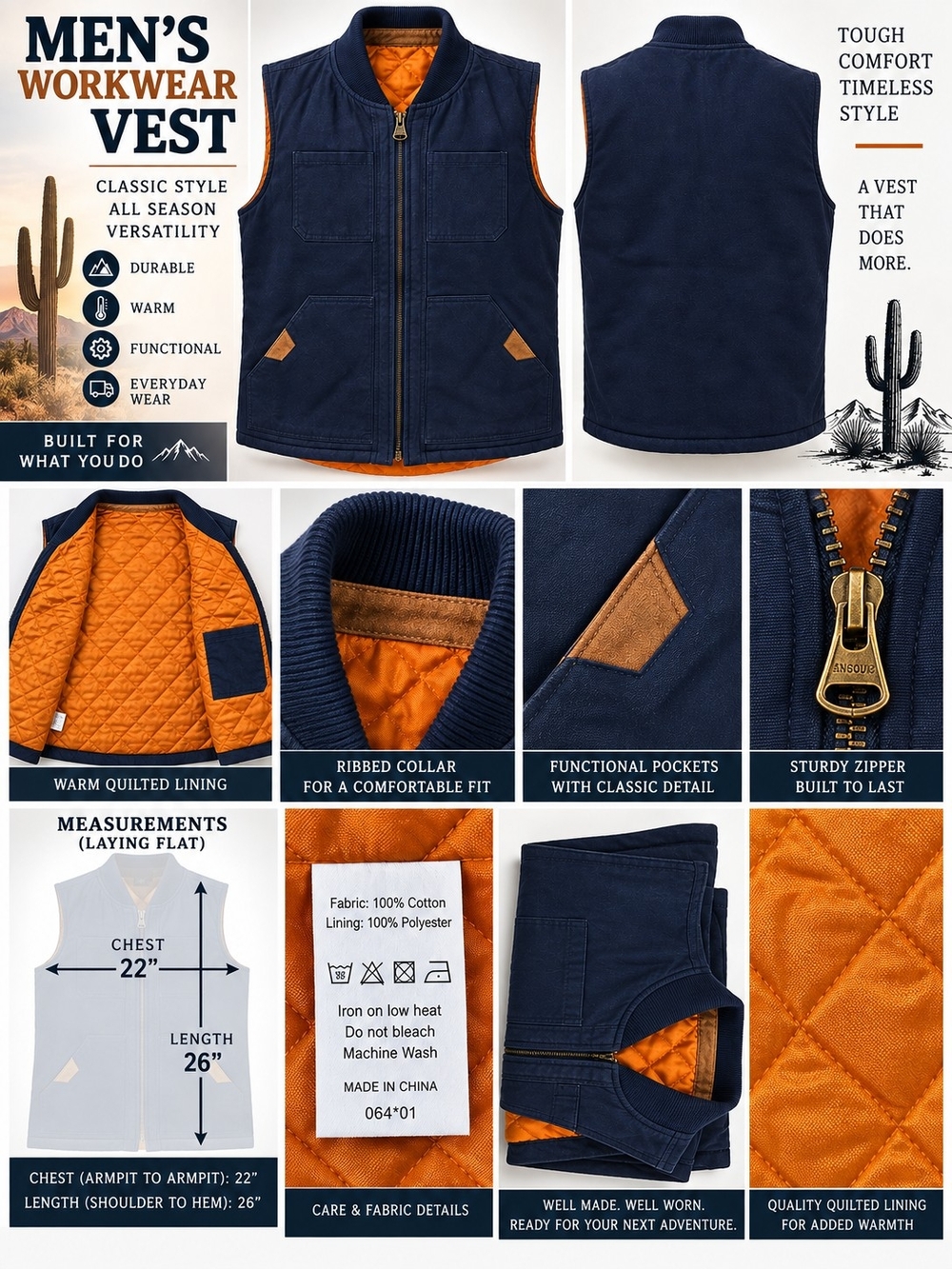 Men's Quilted Workwear Vest by  - Navy with Orange Lining